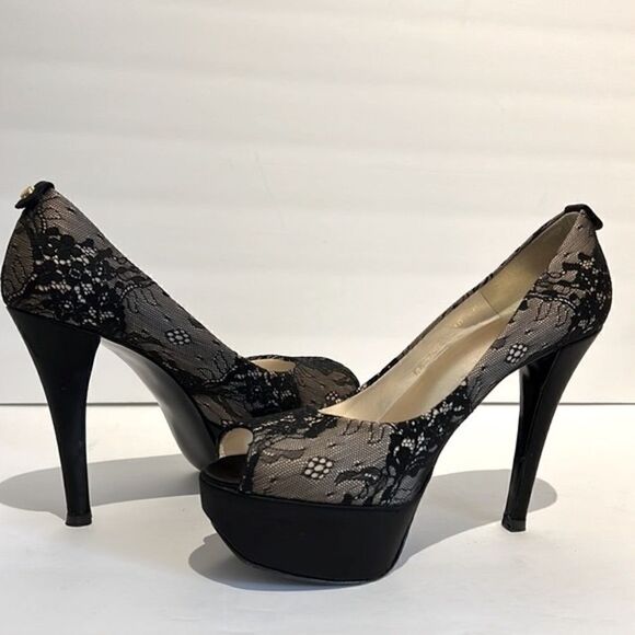Stuart Weitzman‎ Lillie Nude Luxe Lace Peep Toe Platform Heels Size 10 - Picture 1 of 16